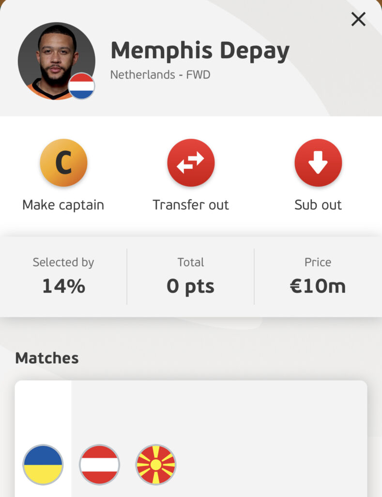 Memphis Depay Euro Fantasy Matchday 1 forwards in your team