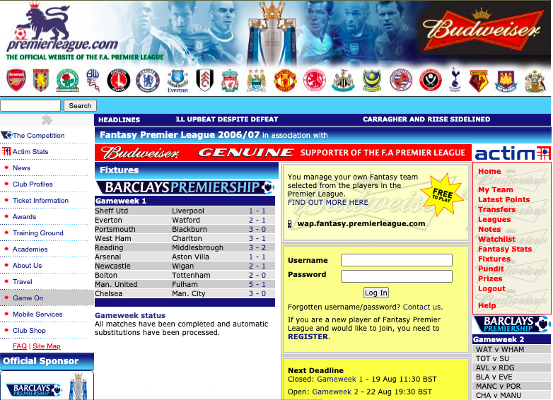 Fantasy Premier League Evolution ~ FPL Homepage from the 2006/07 season where united won 5-1, Shiva's first fpl game