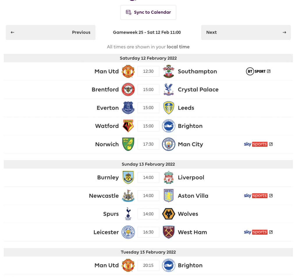 FPL DGW25 Fixtures