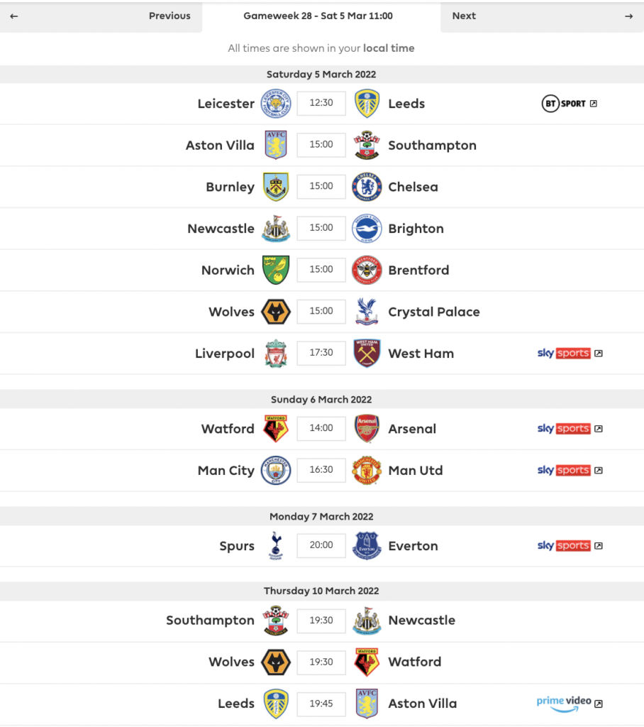 FPL DGW28 Fixtures