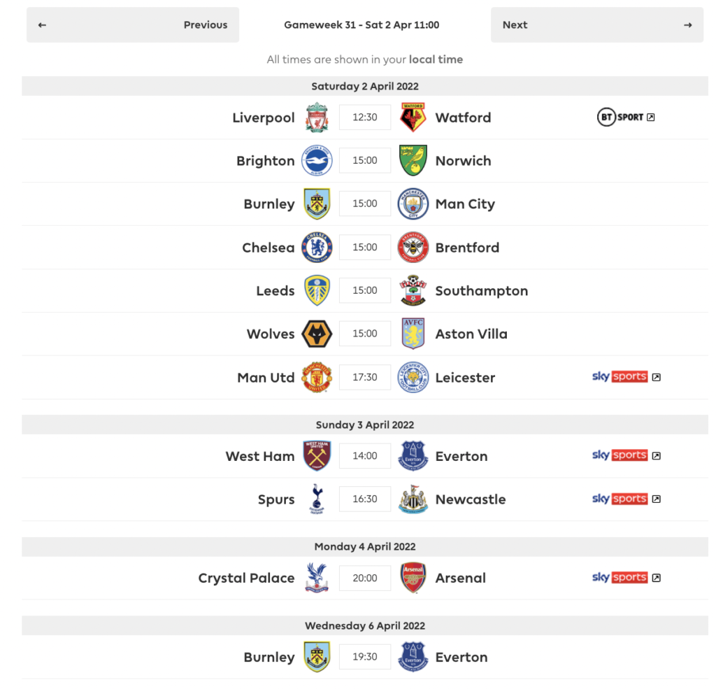 FPL GW30 Fixtures ~ FPL gameweek 31 fixtures
