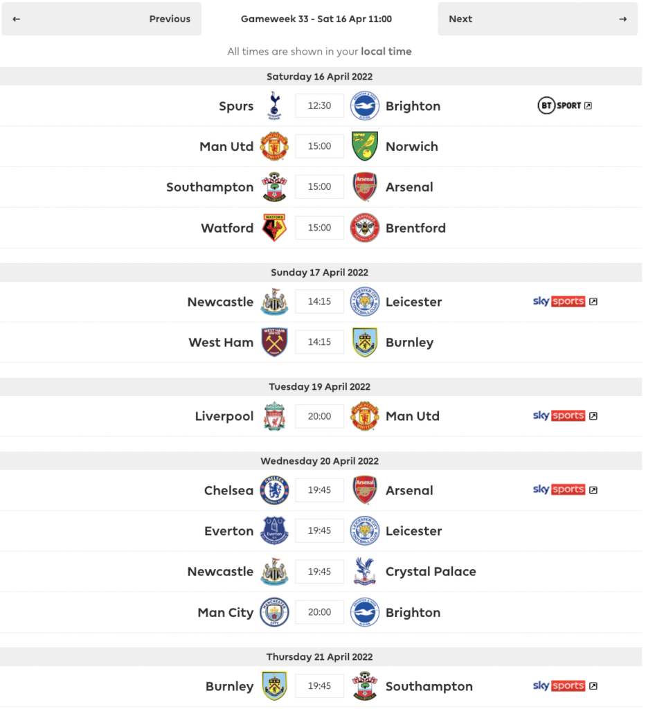 FPL DGW33 Fixtures