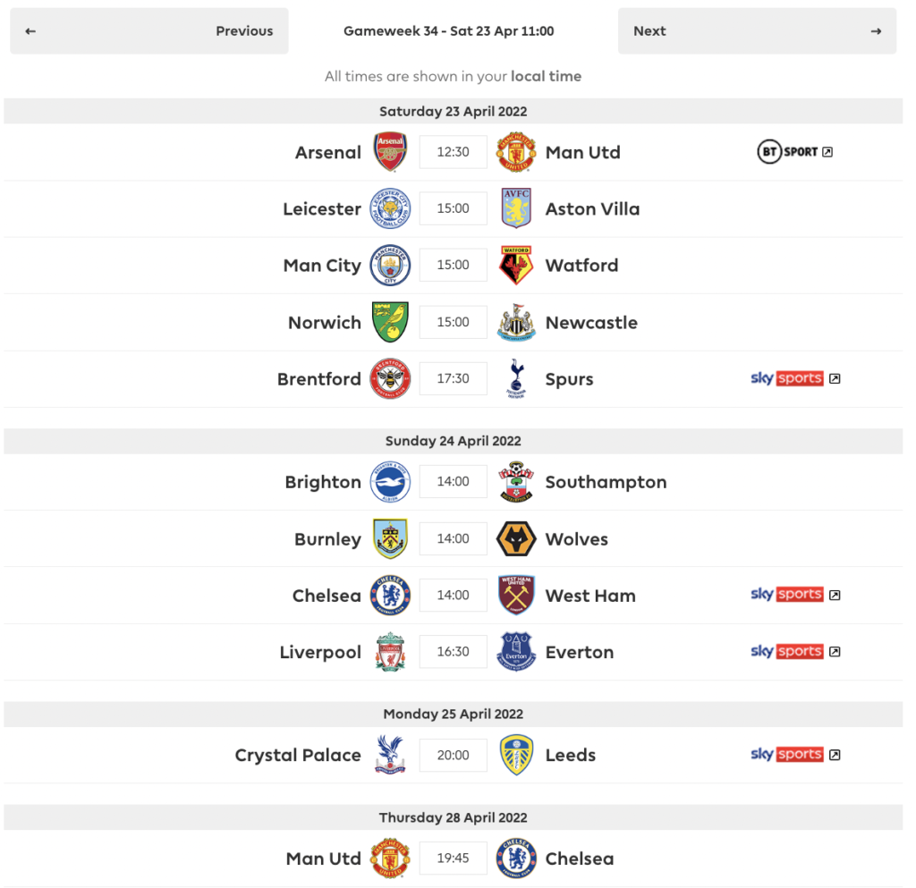 FPL GW34 Fixtures