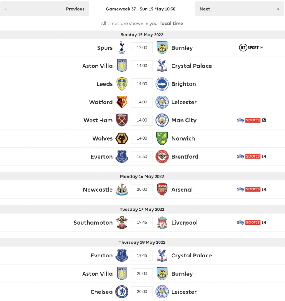 FPL DGW37 Fixtures