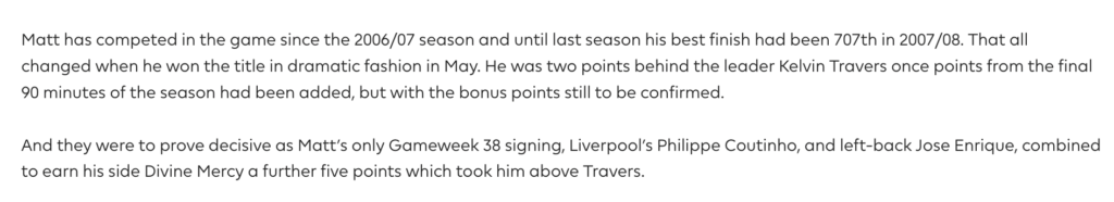 2012/13 FPL Winner ~ Matt Martyniak interview