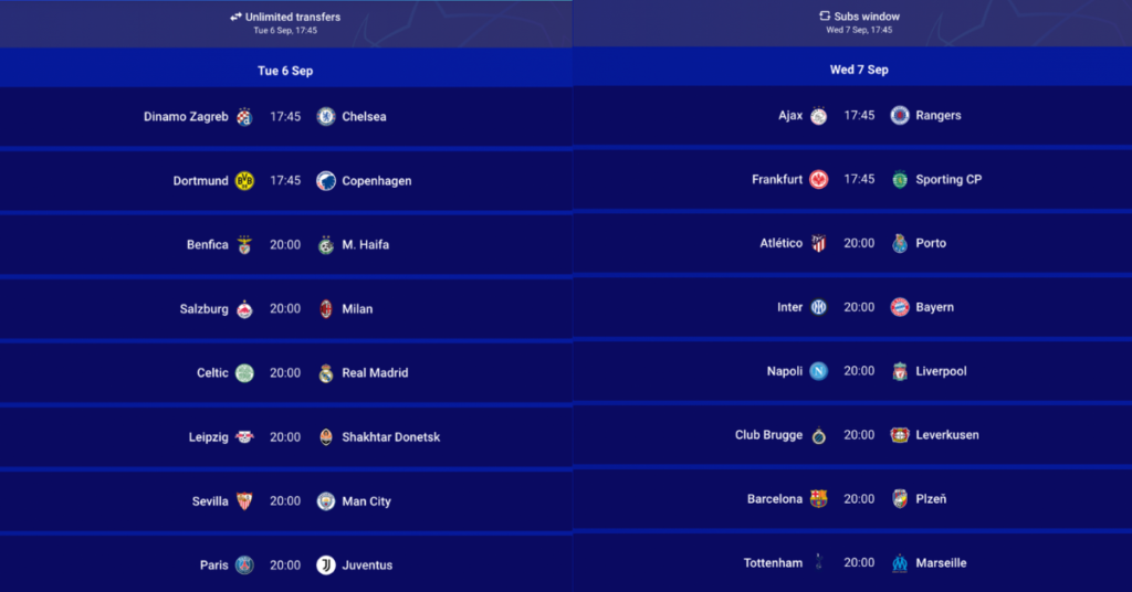 UCL Fantasy MD1 Fixtures