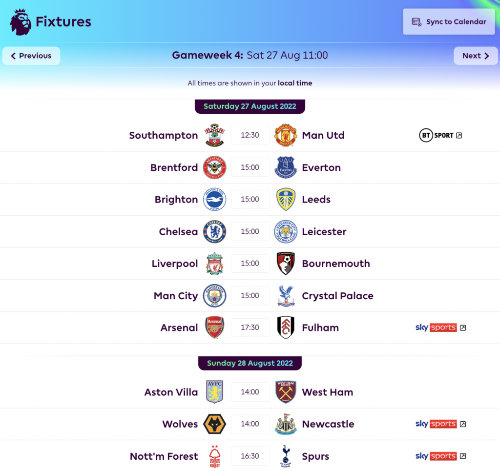 FPL GW4 Fixtures