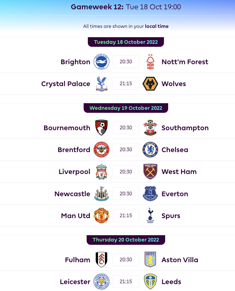 FPL GW12 Fixtures