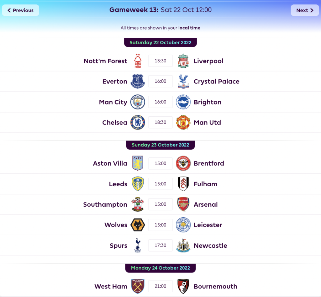 FPL GW13 Fixtures