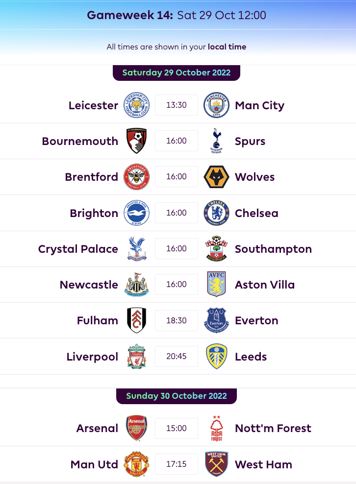 FPL GW14 Fixtures