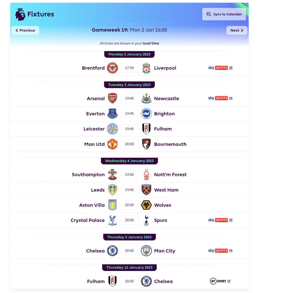 FPL GW19 Fixtures