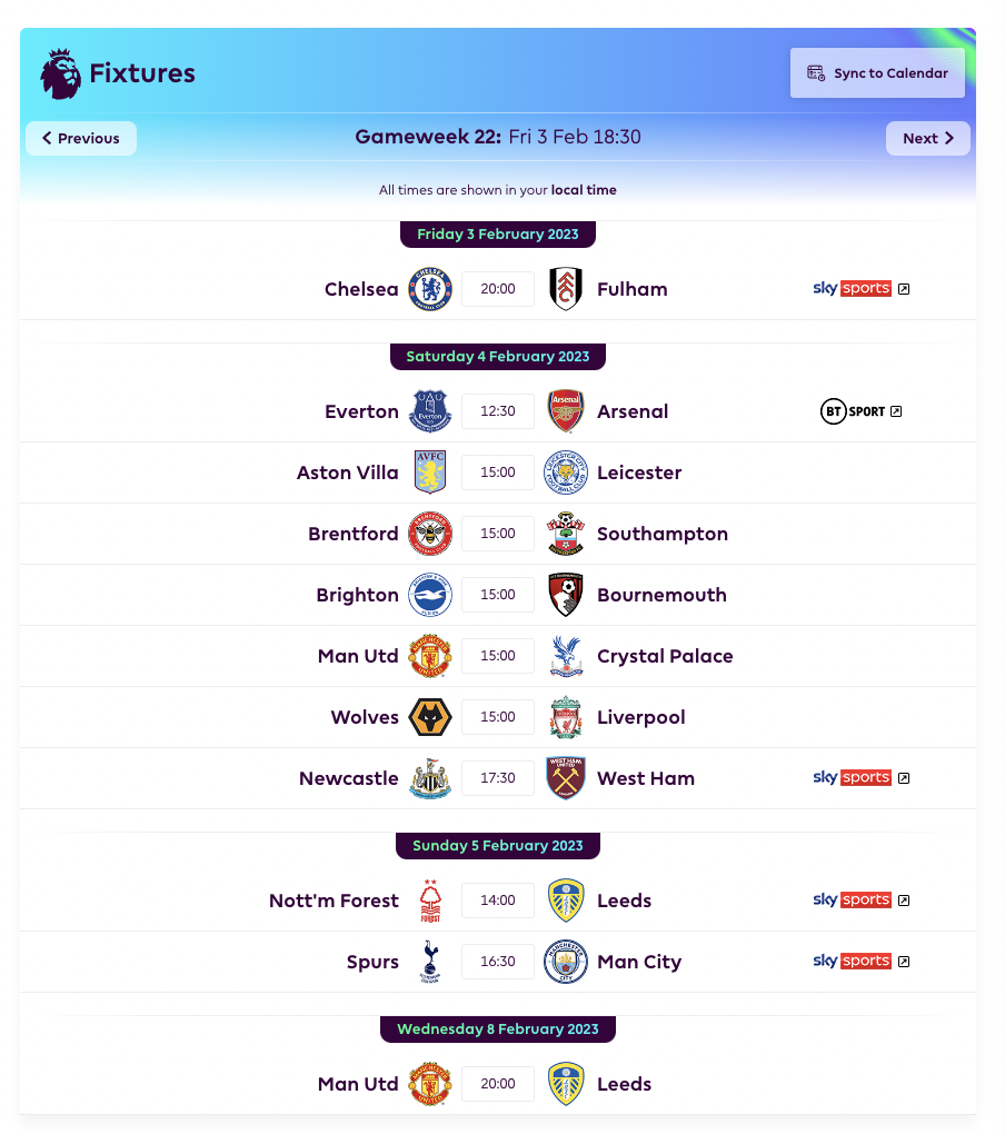 FPL GW22 Fixtures