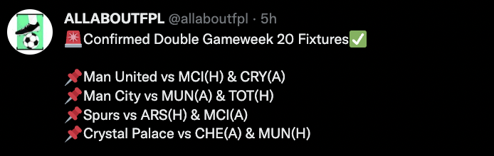 FPL DGW20 Teams and Fixtures