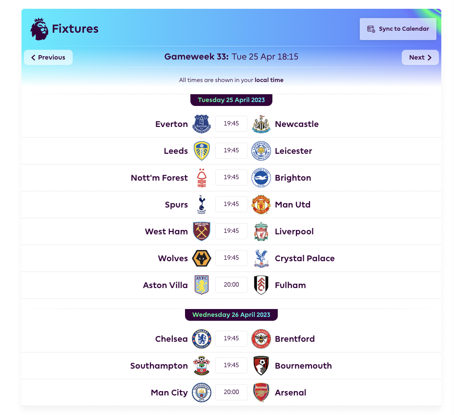 FPL GW33 Fixtures