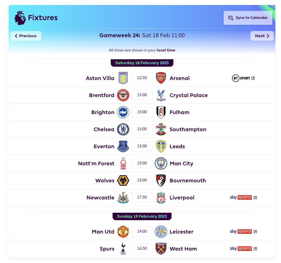 FPL GW24 Fixtures