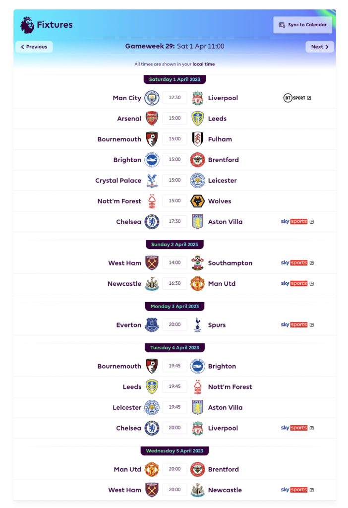 FPL Gameweek 29 Fixtures