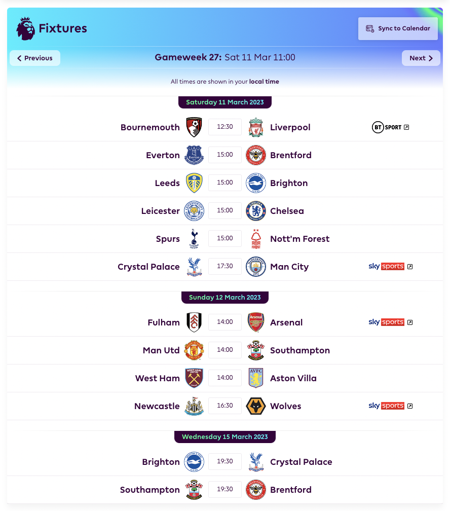 FPL GW27 Fixtures