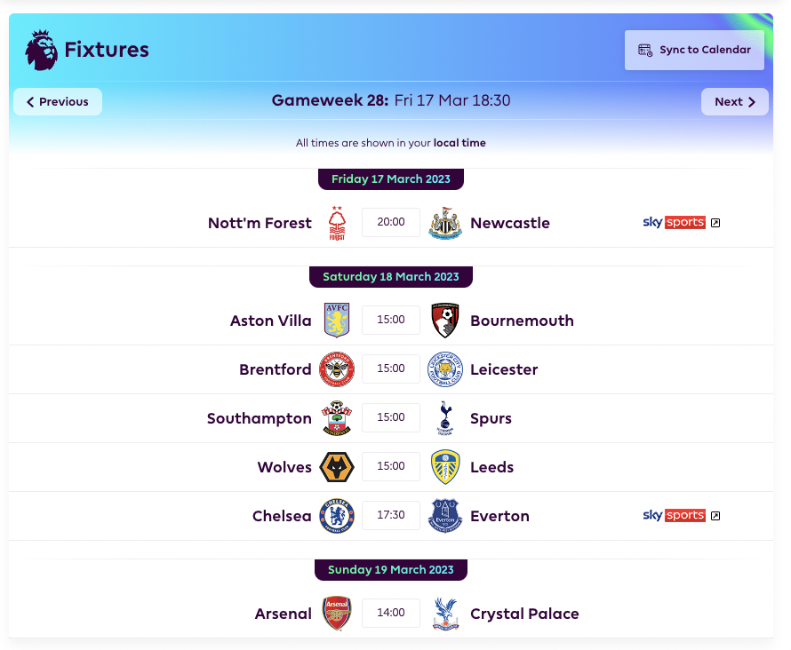 FPL BGW28 Fixtures