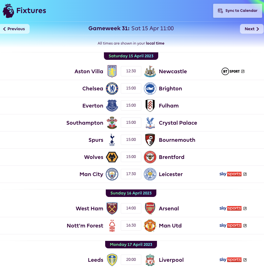 FPL GW31 Fixtures