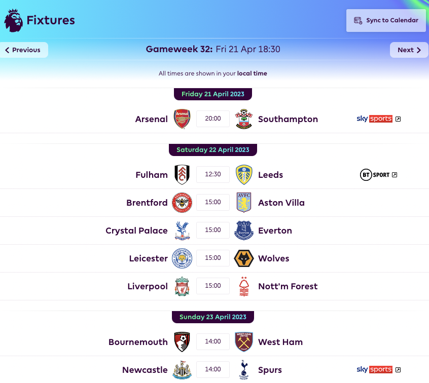 FPL GW32 Fixtures