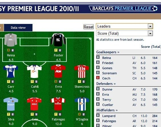 Screenshot from the 2010/11 FPL season- Lampard costed 13.0 and Fabregas 12.0 Million