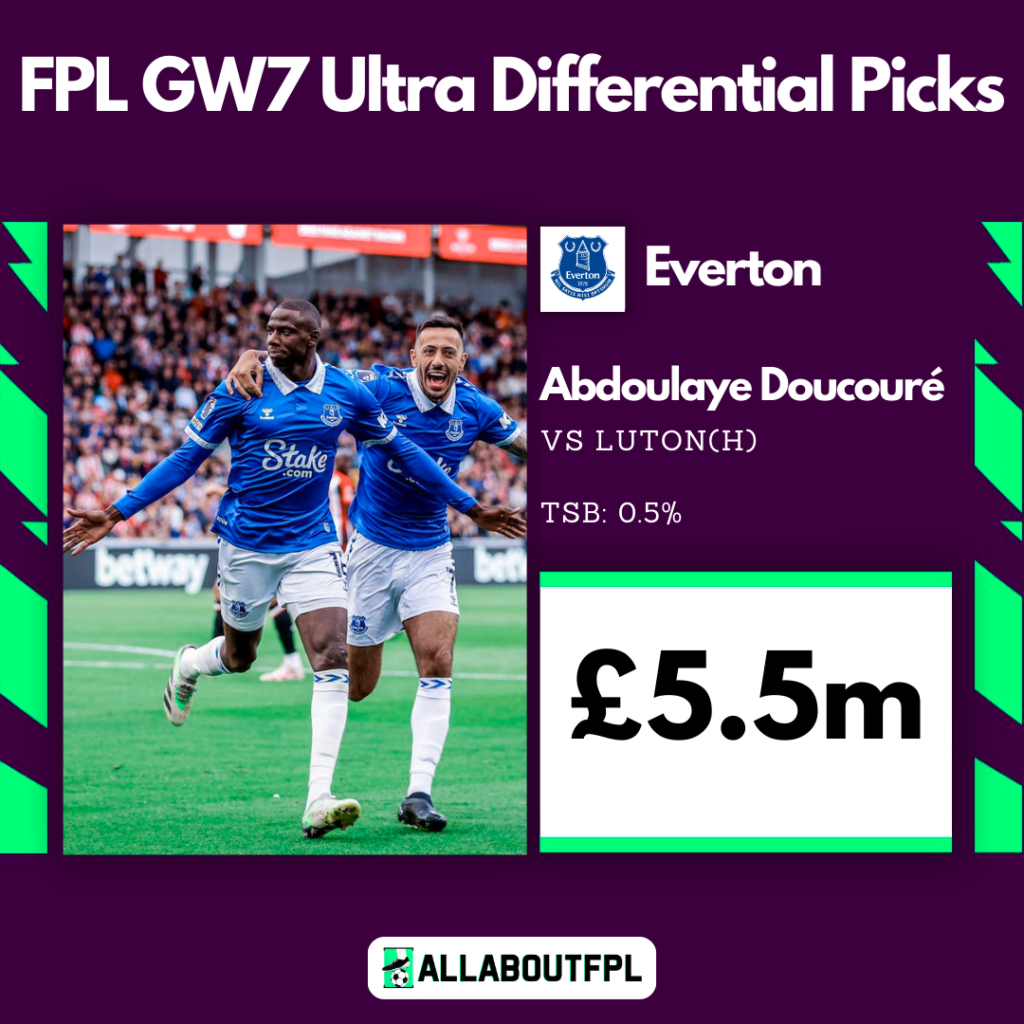 Top FPL GW7 Differential Picks ( ≈10% ownership) ~ Abdoulaye Doucouré vs Luton (H), £5.5m, TSB: 0.5%