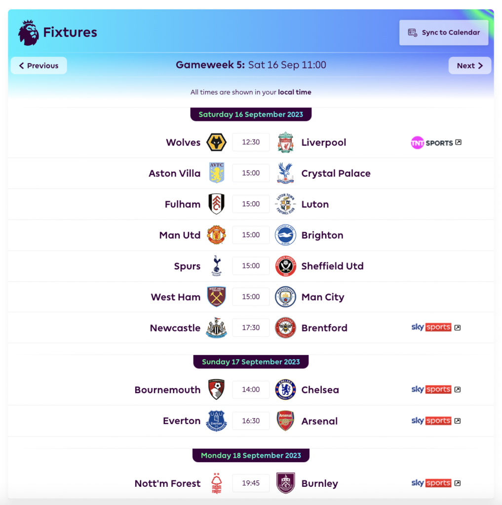 FPL GW5 Fixtures