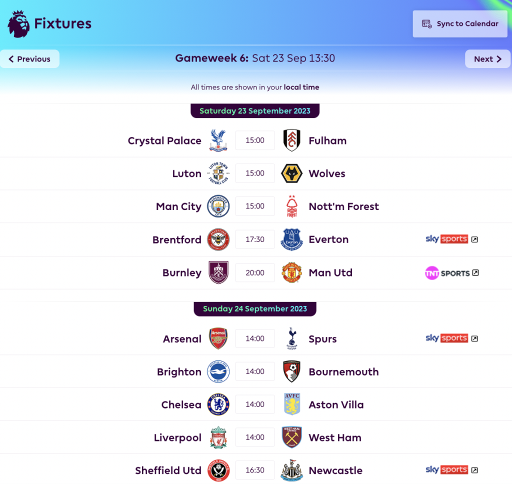FPL GW6 Fixtures