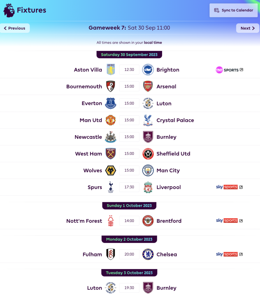 FPL GW7 Fixtures