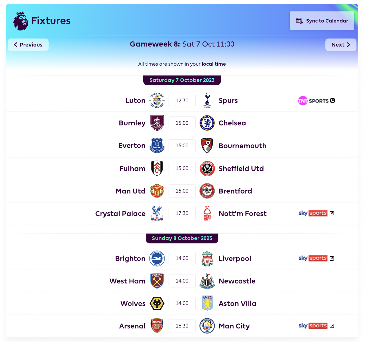 FPL GW8 Fixtures