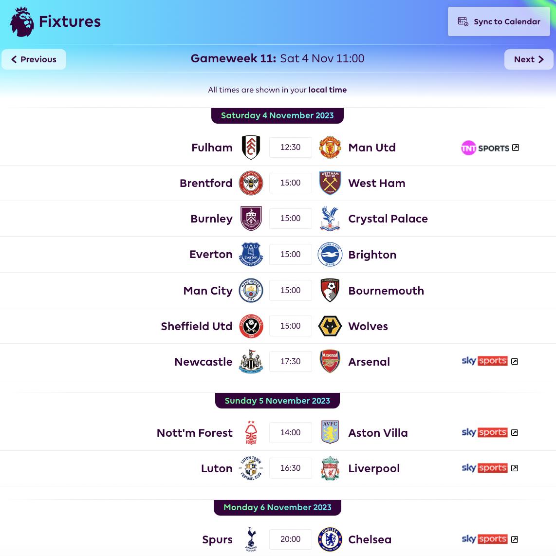 FPL GW11 Fixtures