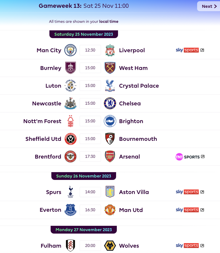 FPL GW13 Fixtures