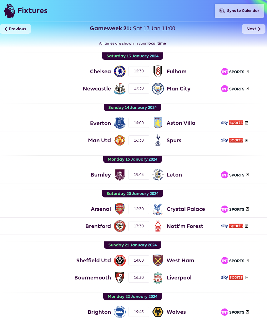 FPL GW21 Fixtures