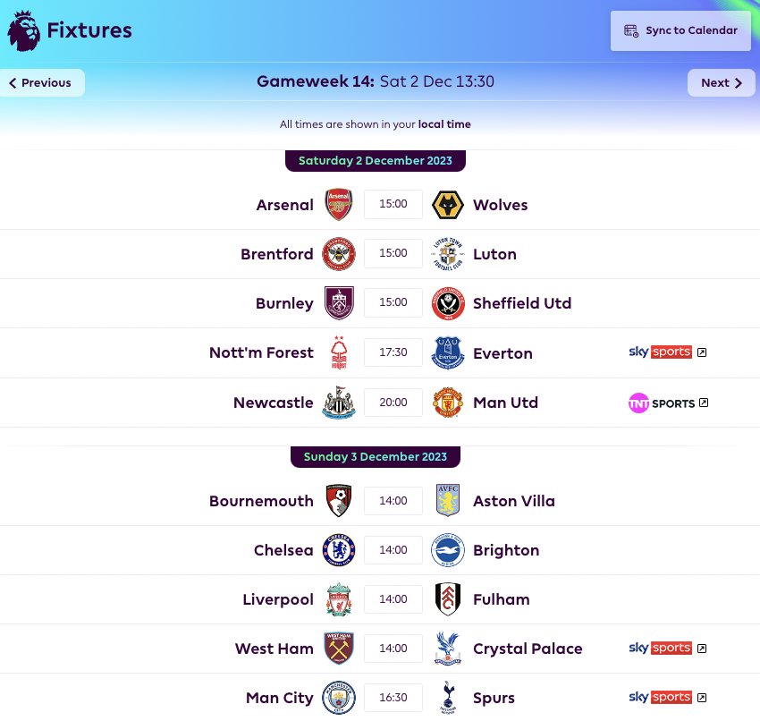 FPL GW14 Fixtures