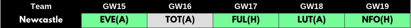 Newcastle Fixtures from FPL GW15