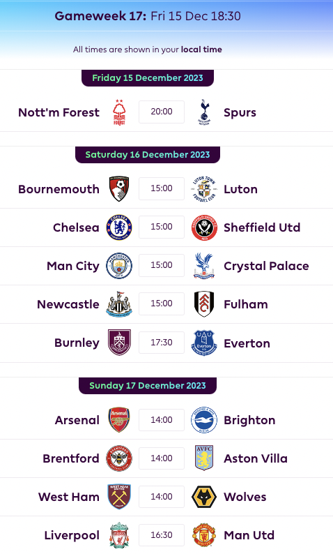 FPL GW18 Fixtures