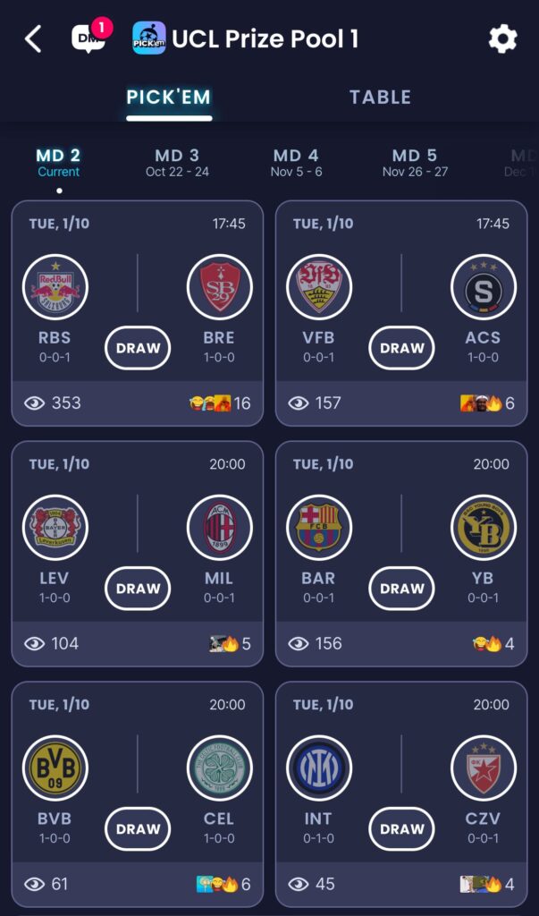 UCL Prediction Game MD2 Fixtures