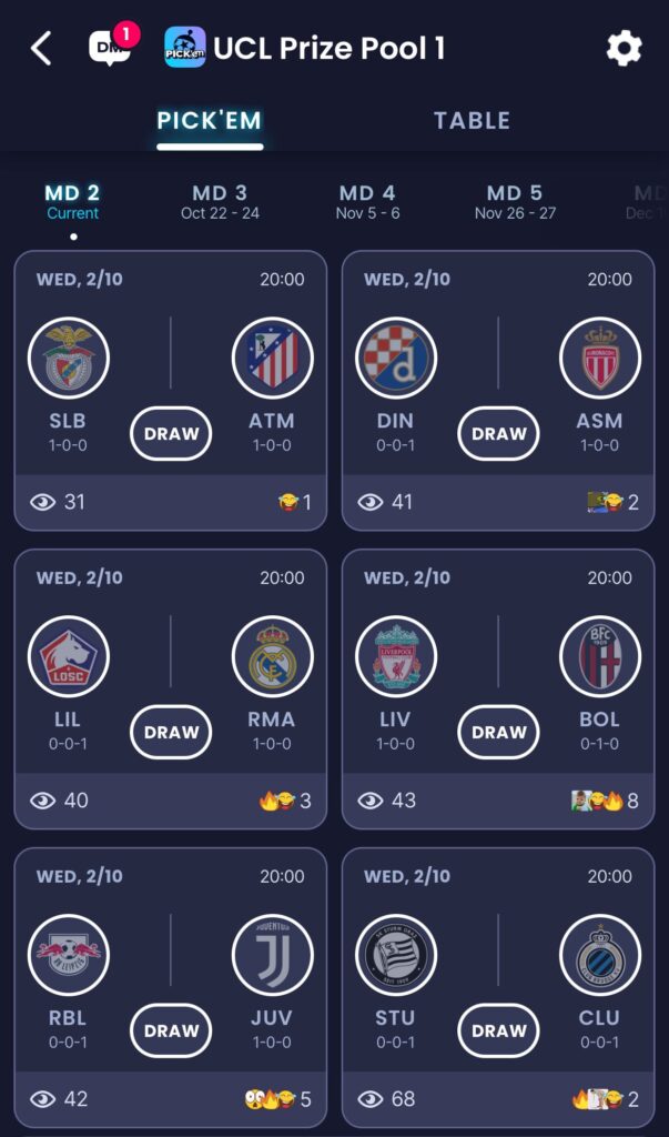UCL Prediction Game MD2 Fixtures