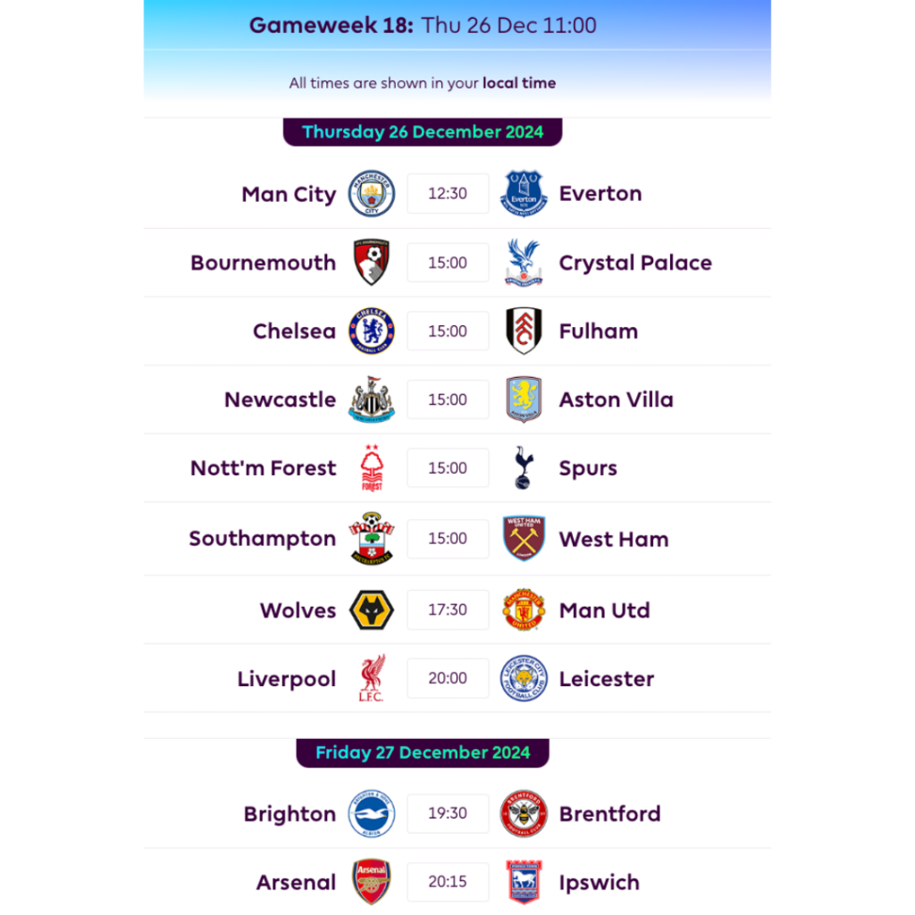 FPL GW18 Fixtures
