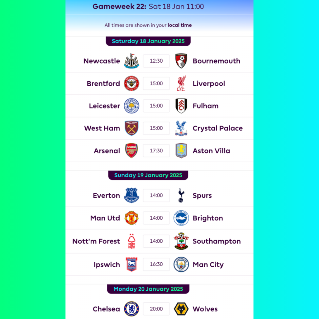 FPL GW22 Fixtures
