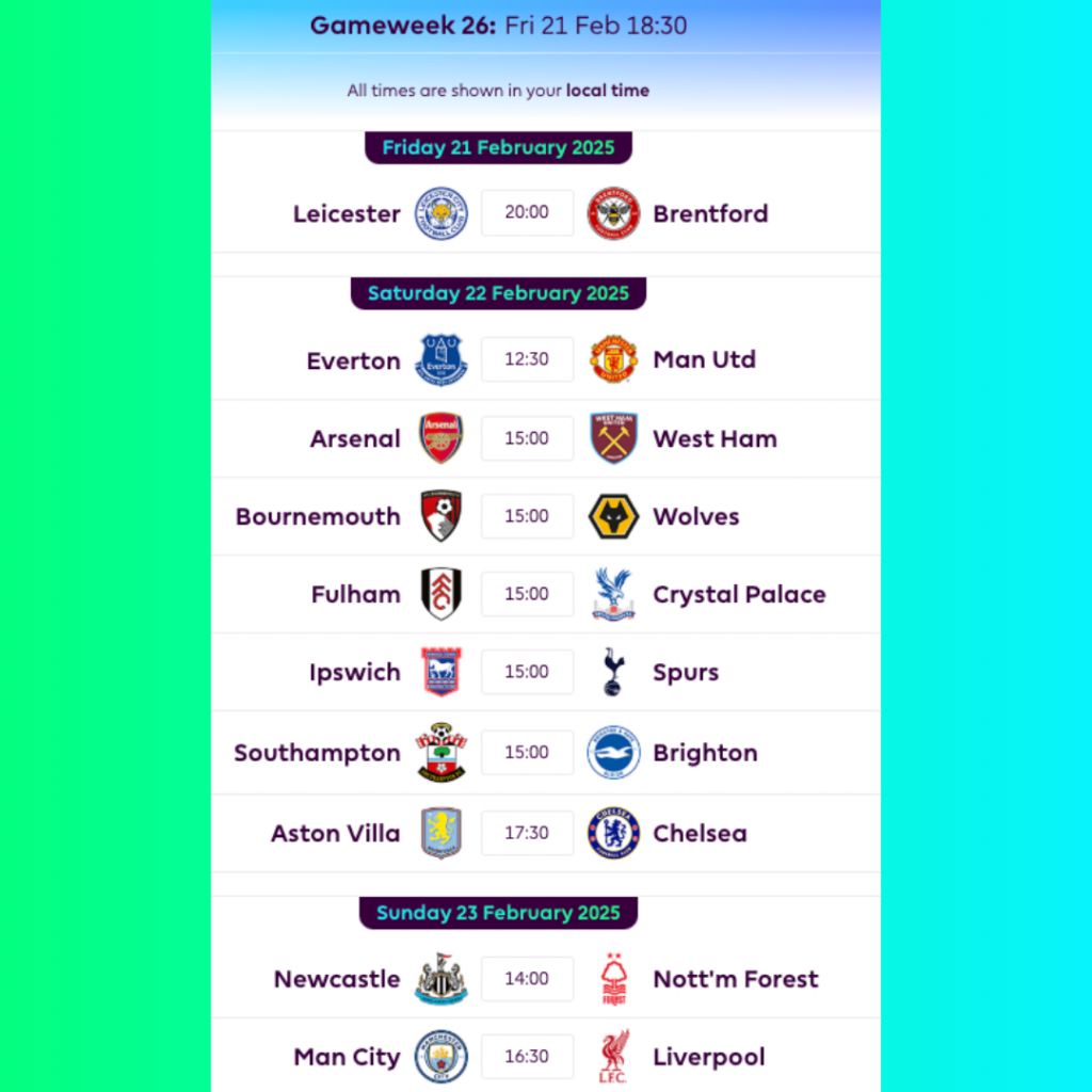 FPL GW26 Fixtures