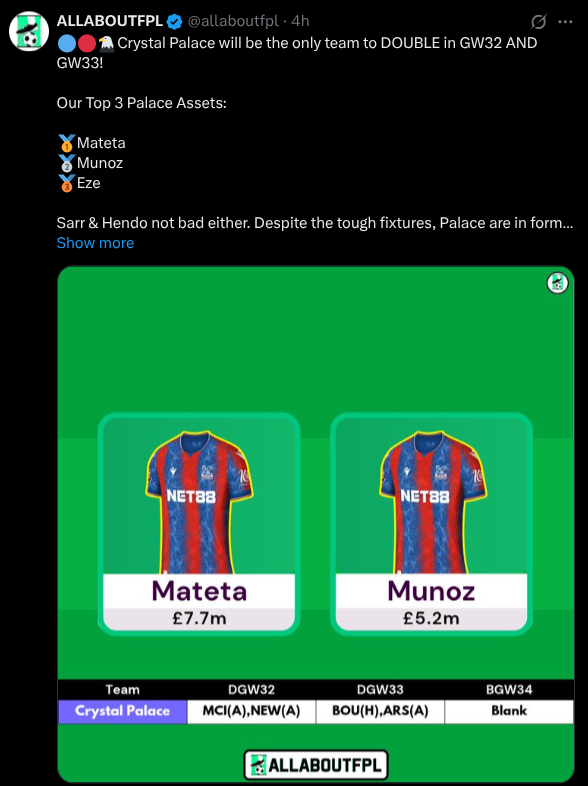 Crystal Palace Double Gameweek