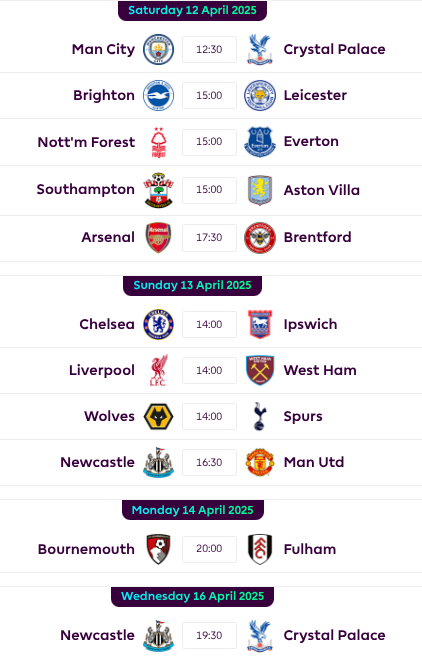 FPL GW32 Fixtures