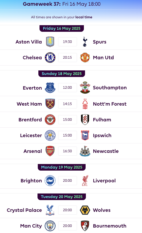 FPL GW37 Fixtures