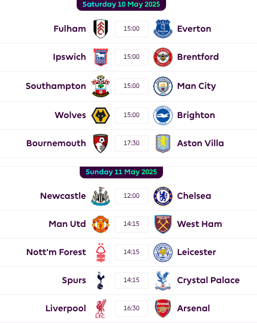FPL GW36 Fixtures