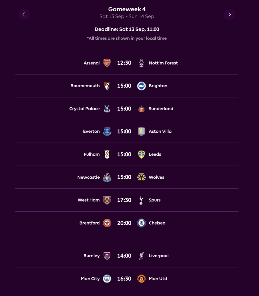 FPL GW4 Fixtures