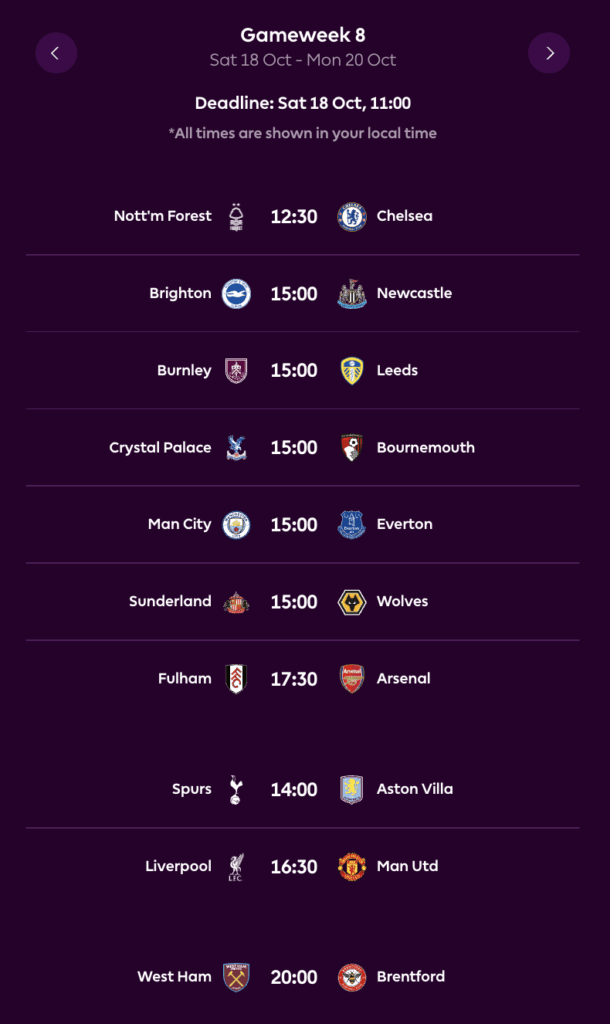 FPL GW8 Fixtures