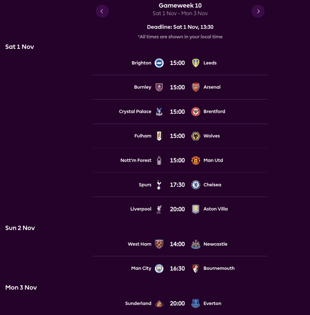 FPL GW10 Fixtures