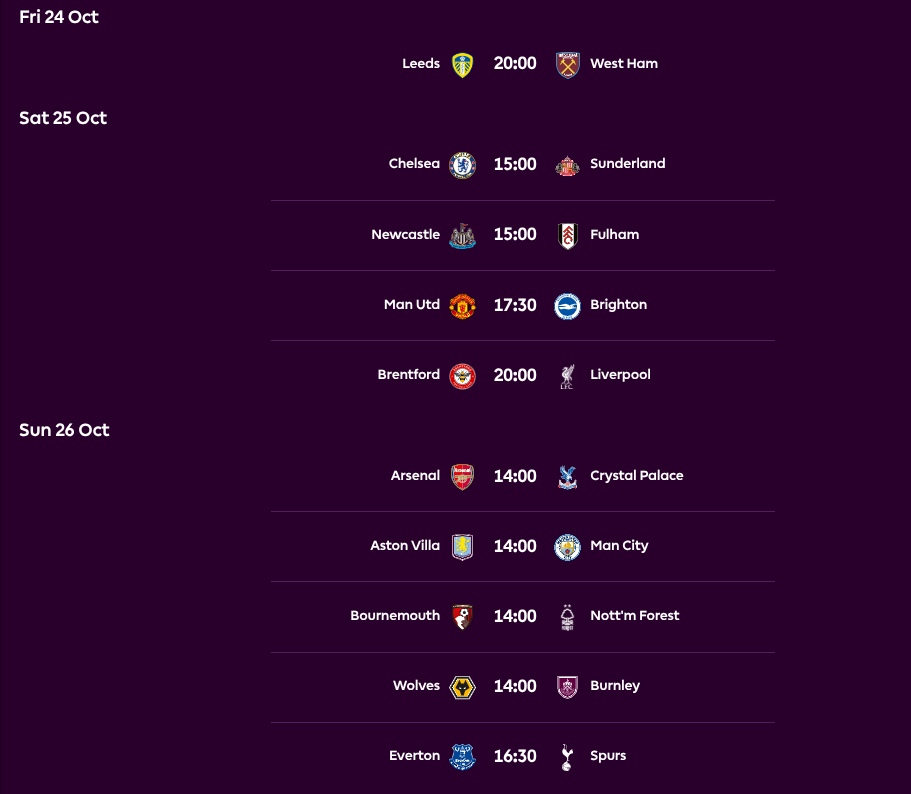 FPL GW9 Fixtures