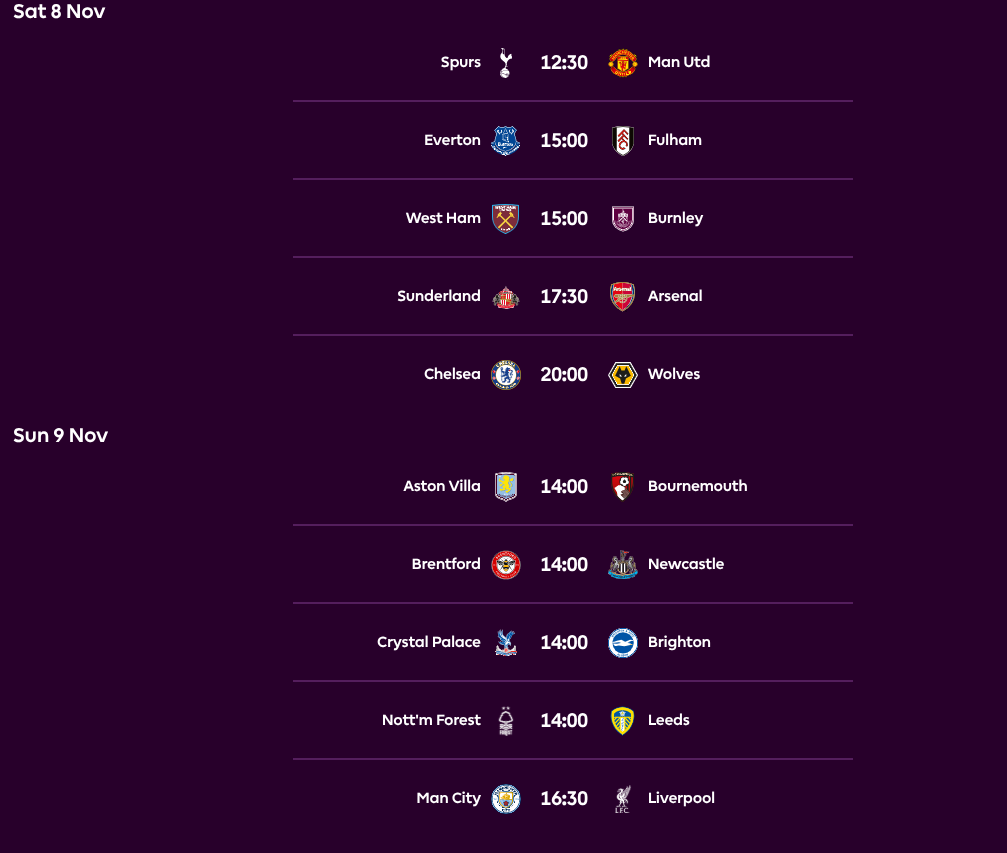 FPL GW11 Fixtures